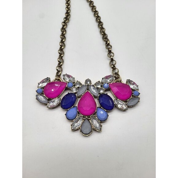 J. Crew Bold Colorful Chunky Statement Necklace Jewel Tones Blue Clear Fuchsia - Picture 8 of 12